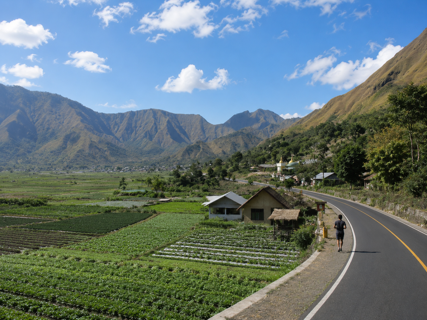 A runner jogging along a winding mountain road in Sembalun Lombok